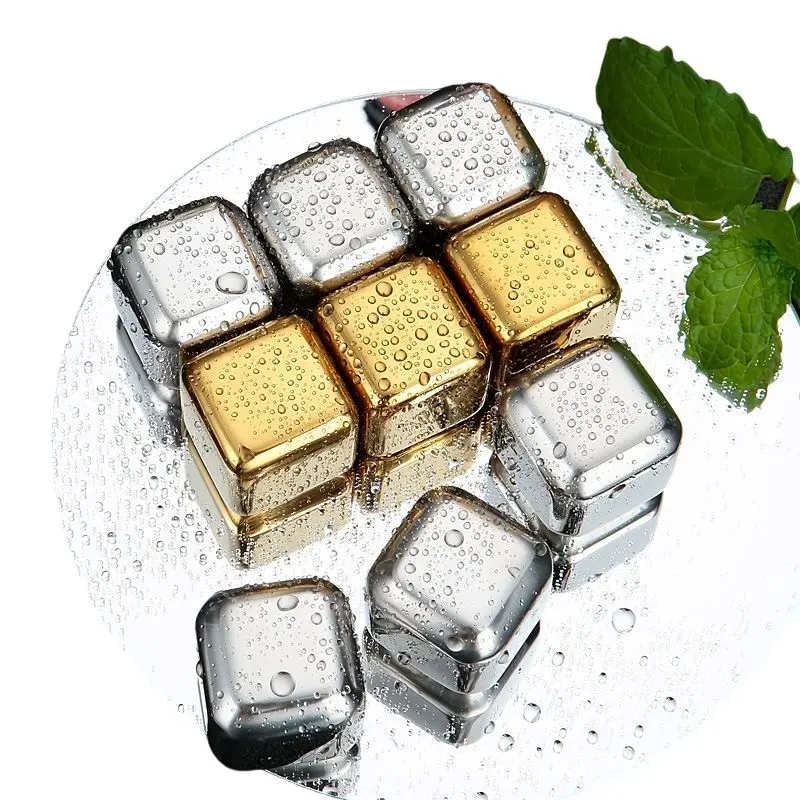 Gold Mini Customized Diamond Ice Cube Whiskey Stainless Steel Reusable Chilling Wine Stone with Tongs And Storage Box