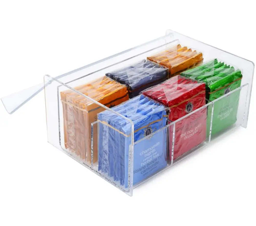 multi compartments acrylic tea bags organizer box with lid
