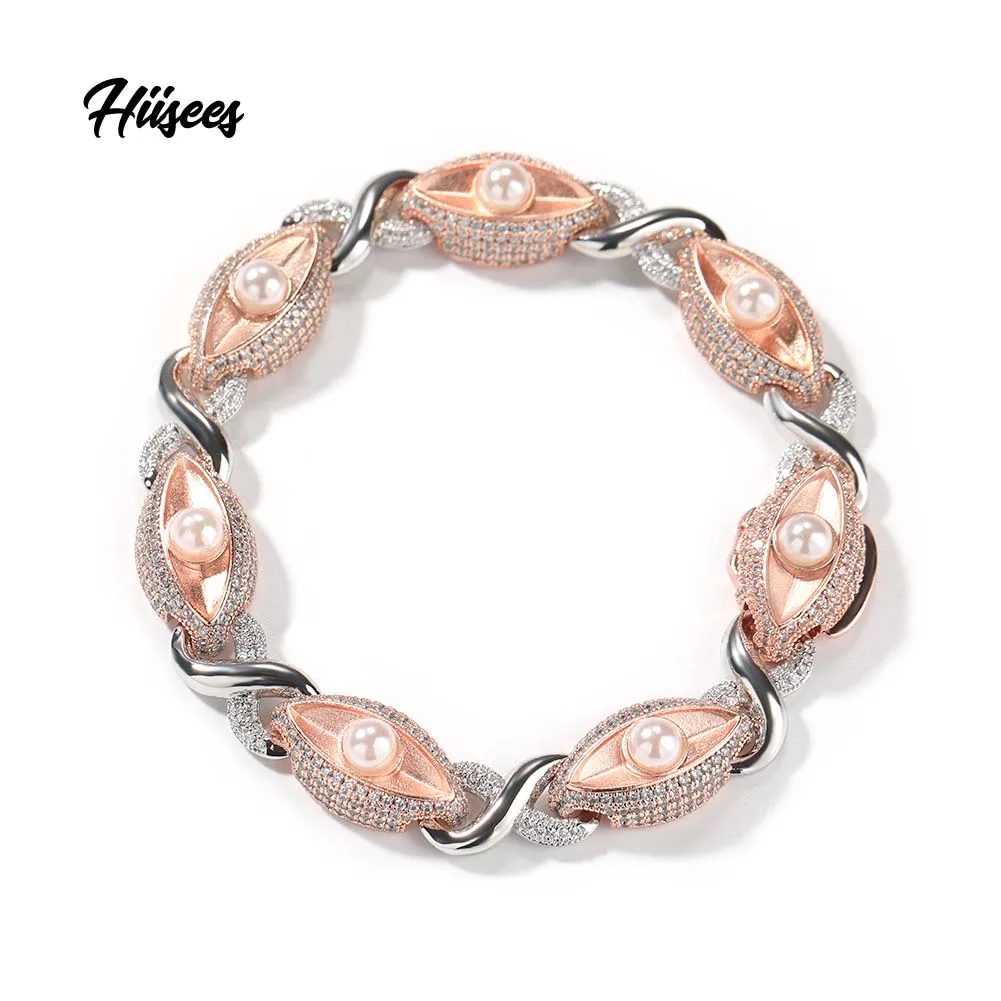 New style 13mm 15mm wide colorful diamond chain hip hop jewelry platinum plated evil eye cz cuban link bracelet men