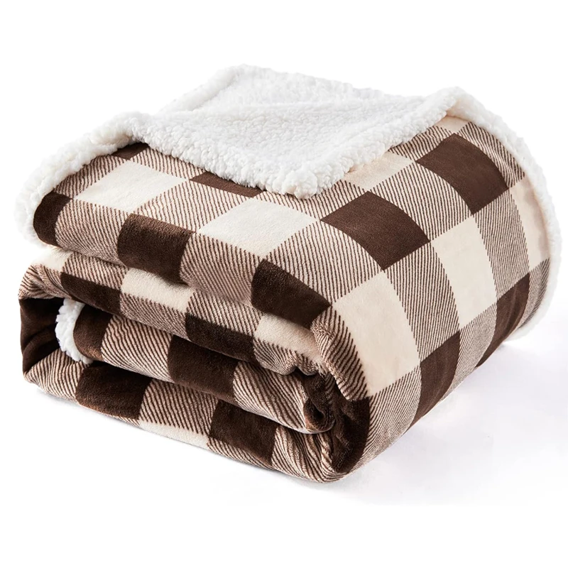 OEM Winter Withe Black Plaid Fleece Blanket Luxury Sherpa Plaid Throw Blanket For Christmas Gift