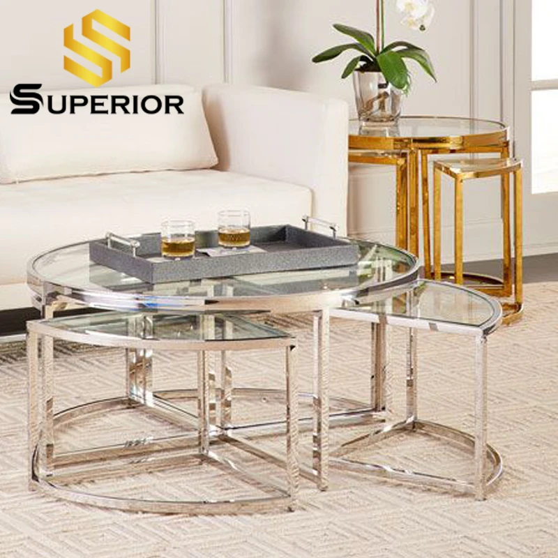 Foshan factory glass furniture metal frame center nesting 3 round coffee table