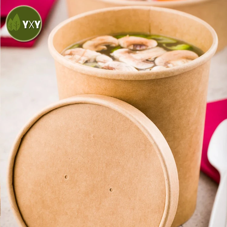 
100% Eco-friendly Take-out Kraft Paper Togo Soup Bowls With Paper Lid 