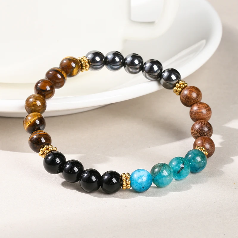 JD GEMS Natural Yellow Tiger Eye Stone Red Turquoise Hematite Mixed Bracelet Sandalwood Mixed Bracelet with Alloy Accessories