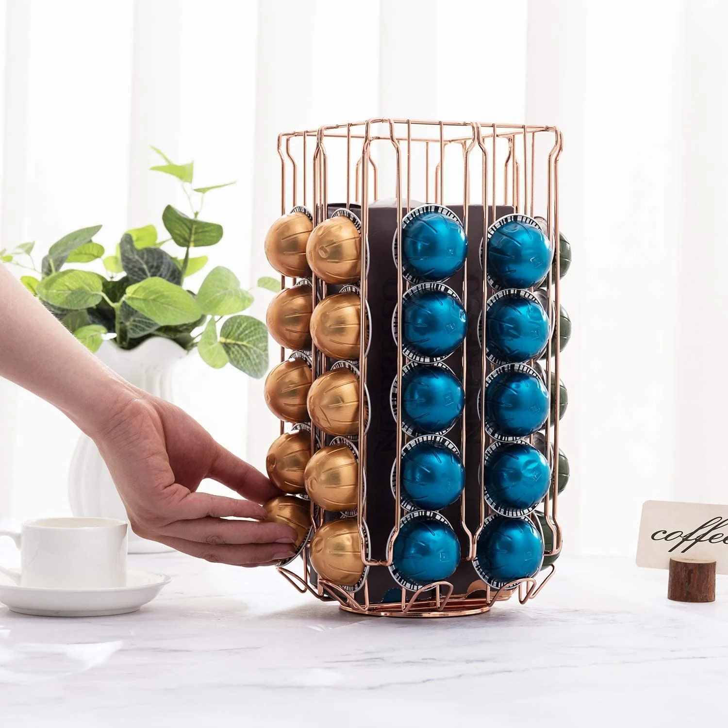 Copper Wire 360 Degree Rotating Coffee Pod Capsule Organizer Carousel with Coffee Cup Disposable Sleeve Storage Rack Basket