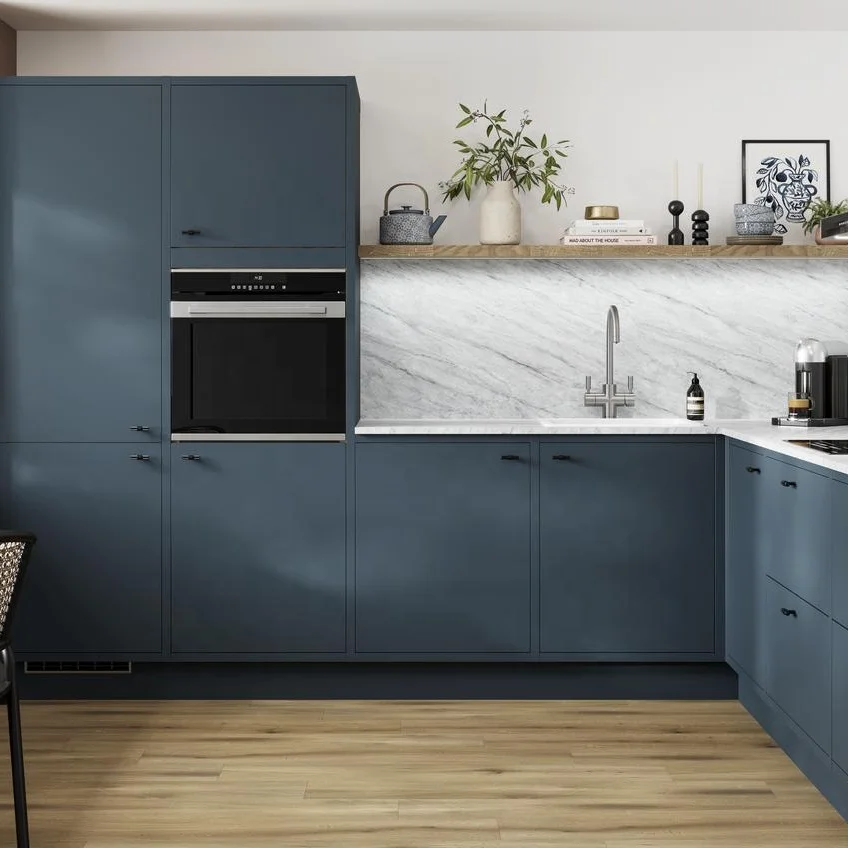 NICOCABINET Modern Marine Blue Slab Bespoke Laminated PET MDF Matt Kitchen Polyurethane Cabinet