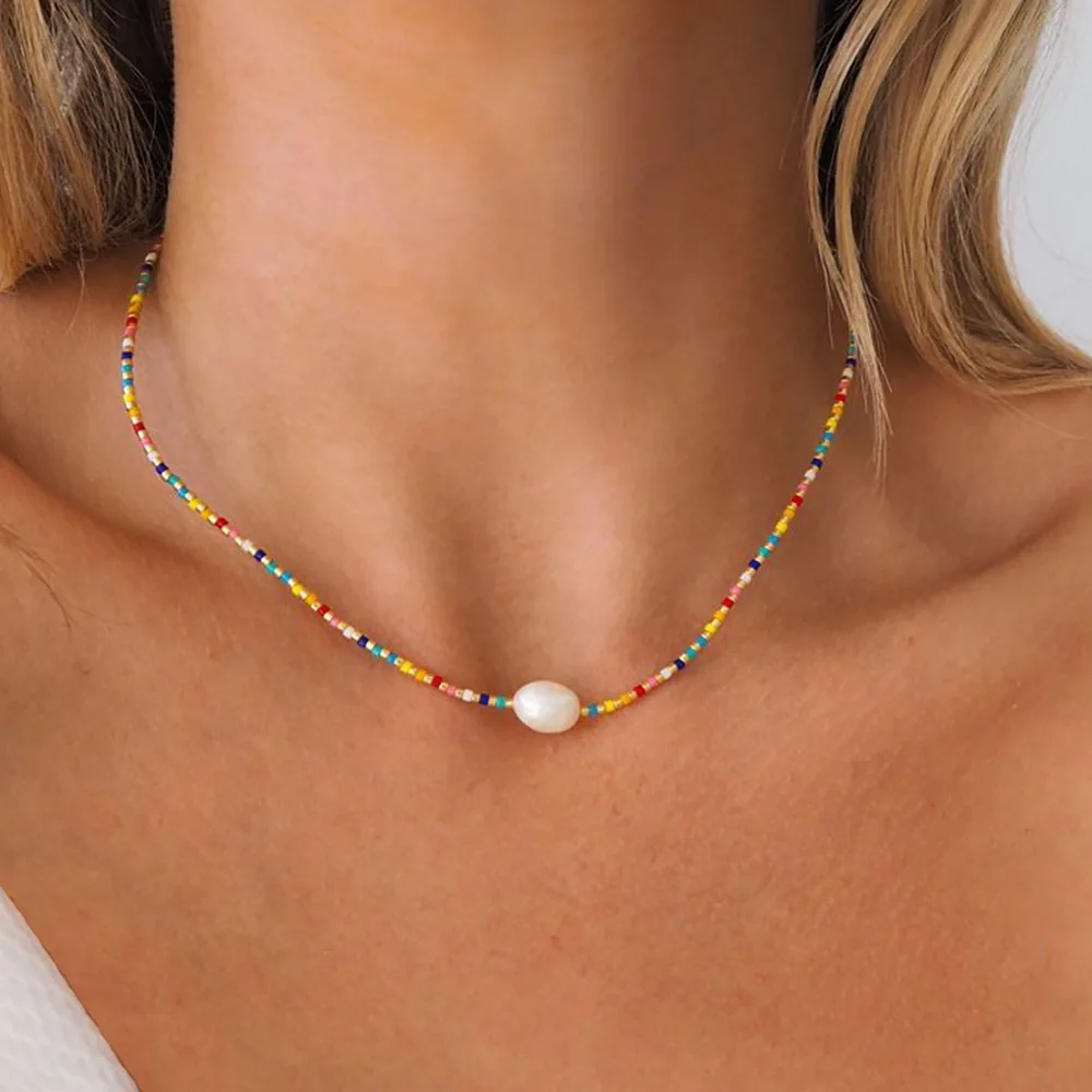 Summer Beach Jewelry Stainless Steel Chain Colorful Bohemian Seed Beads Real Natural Freshwater Pearl Choker Necklace Women