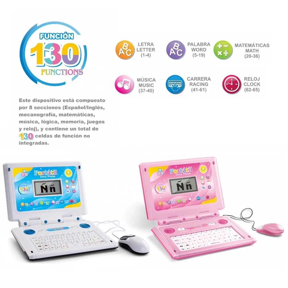 65 Functions children English and Spanish learning machine toy for kids educational bilingual learning laptop computer toy