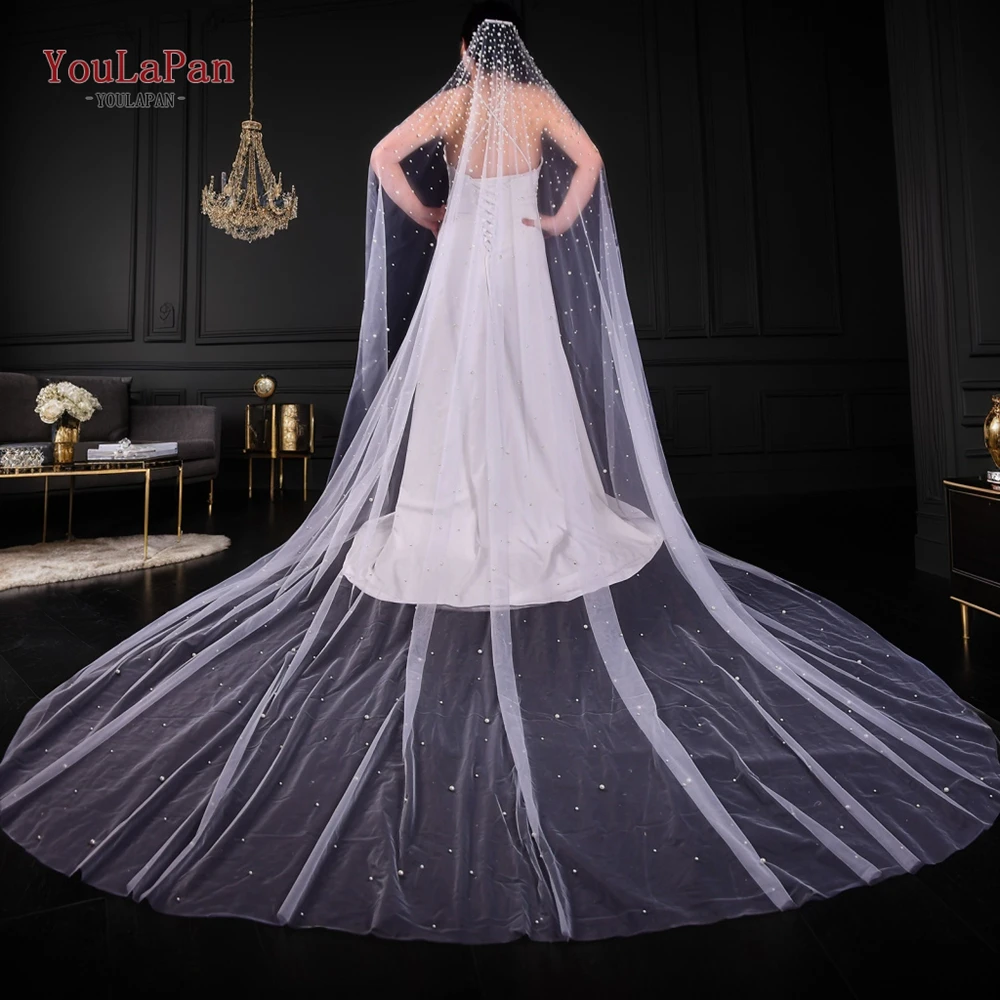 YouLaPan V139 Luxury New Design High End Beaded Bridal Veil White Off White 3/4/5M Cathedral Long Wedding Pearls Veil