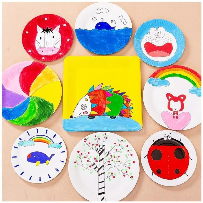 Wholesale Kindergarten Creative Handmade DIY Colorful Paper Plate Art Decal Disposable Circular 7-inch Cake Plate 50
