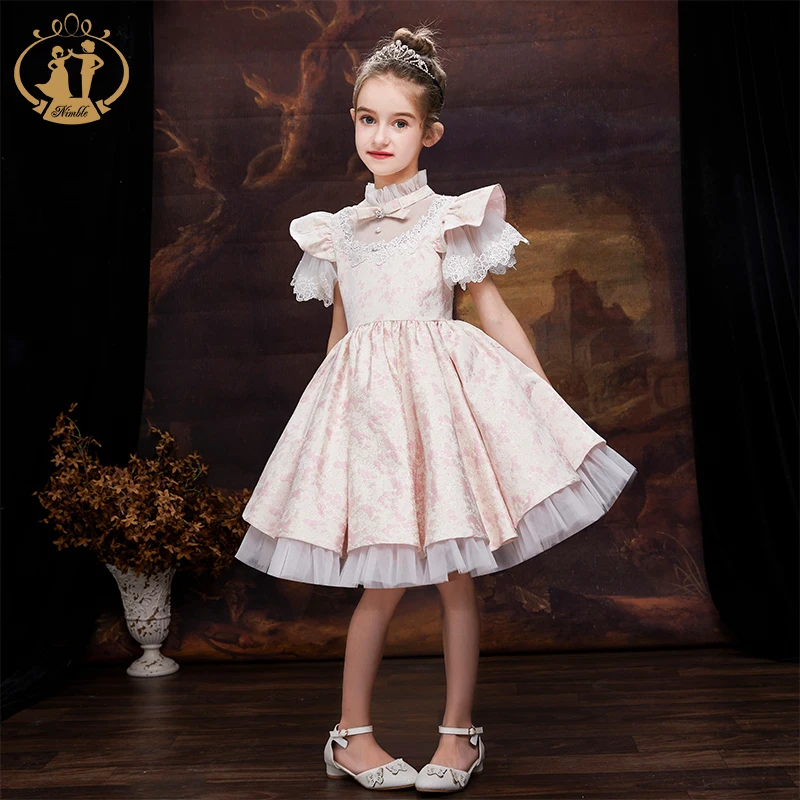 NIMBLE 2022 Jacquard Fabric Beaded Lace Flower Girls Satin Dresses Princess Toddlers Kids Party Ball Gown Holiday Long  Frock