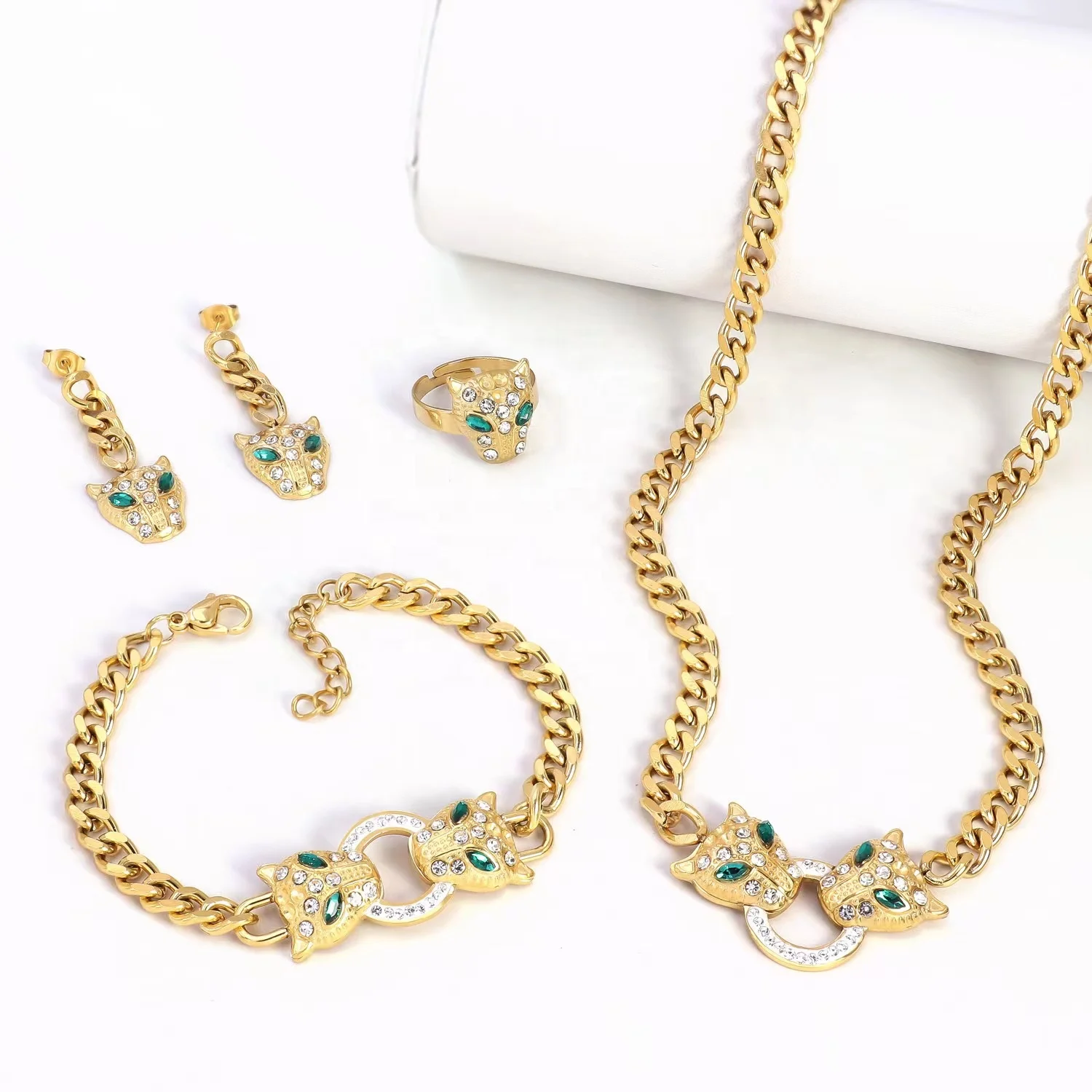 New Arrived Designer Stainless Steel Chain Sets Luxury CZ 18K Dubai Gold Jewelry Set for Women