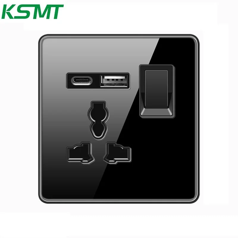 Kaisi 3pin universal with 1gang switch and usb A 5V 2.1A 13A  type-c glass panel wall socket switch