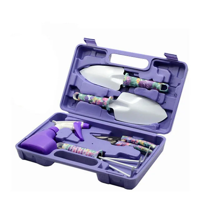 Manufacturers supply 5pcs violet gift printing tool kit purple plastic box garden tool set