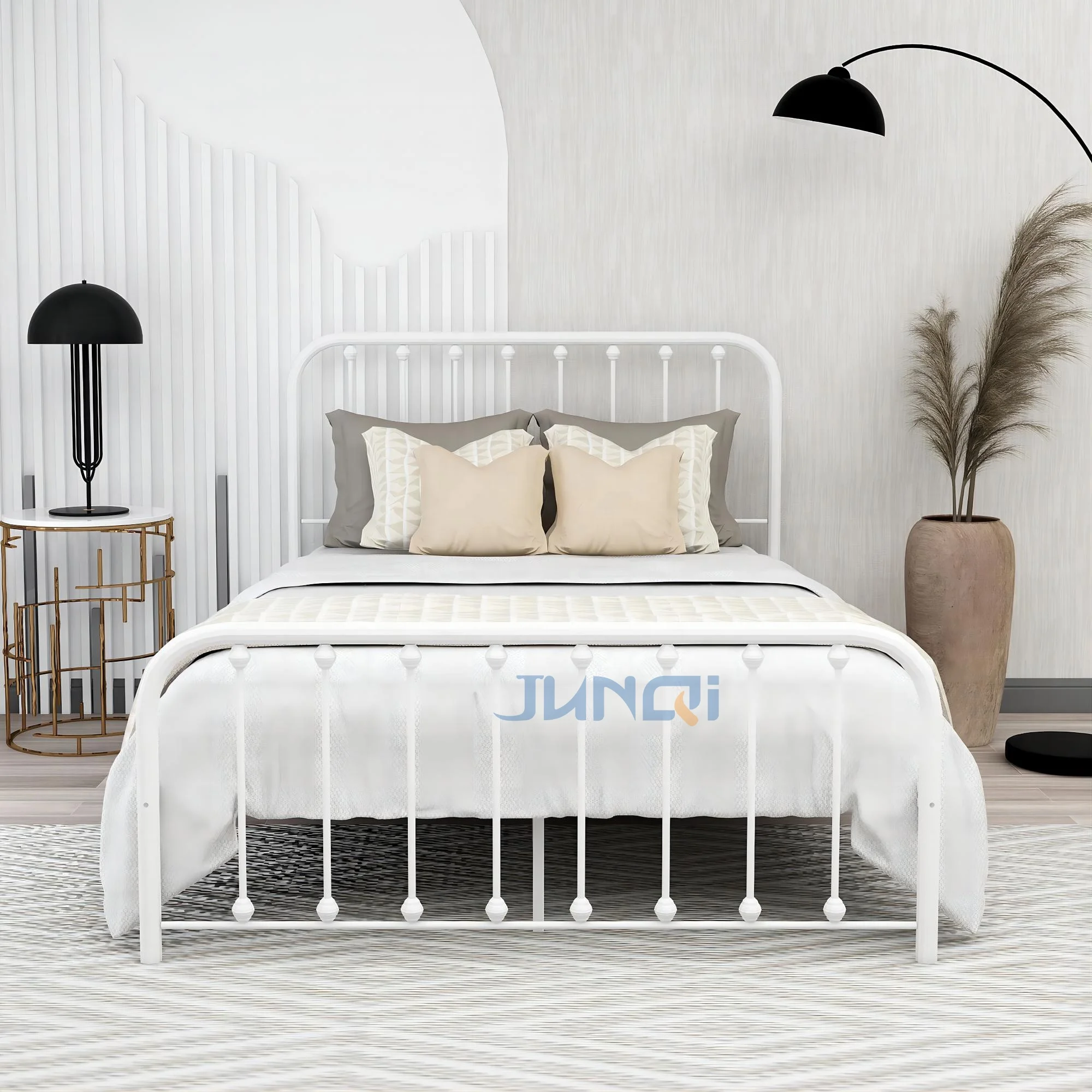 Junqi factory New Design Easy Assembled Bed Customized platform bed white King Queen single size metal double bed frame