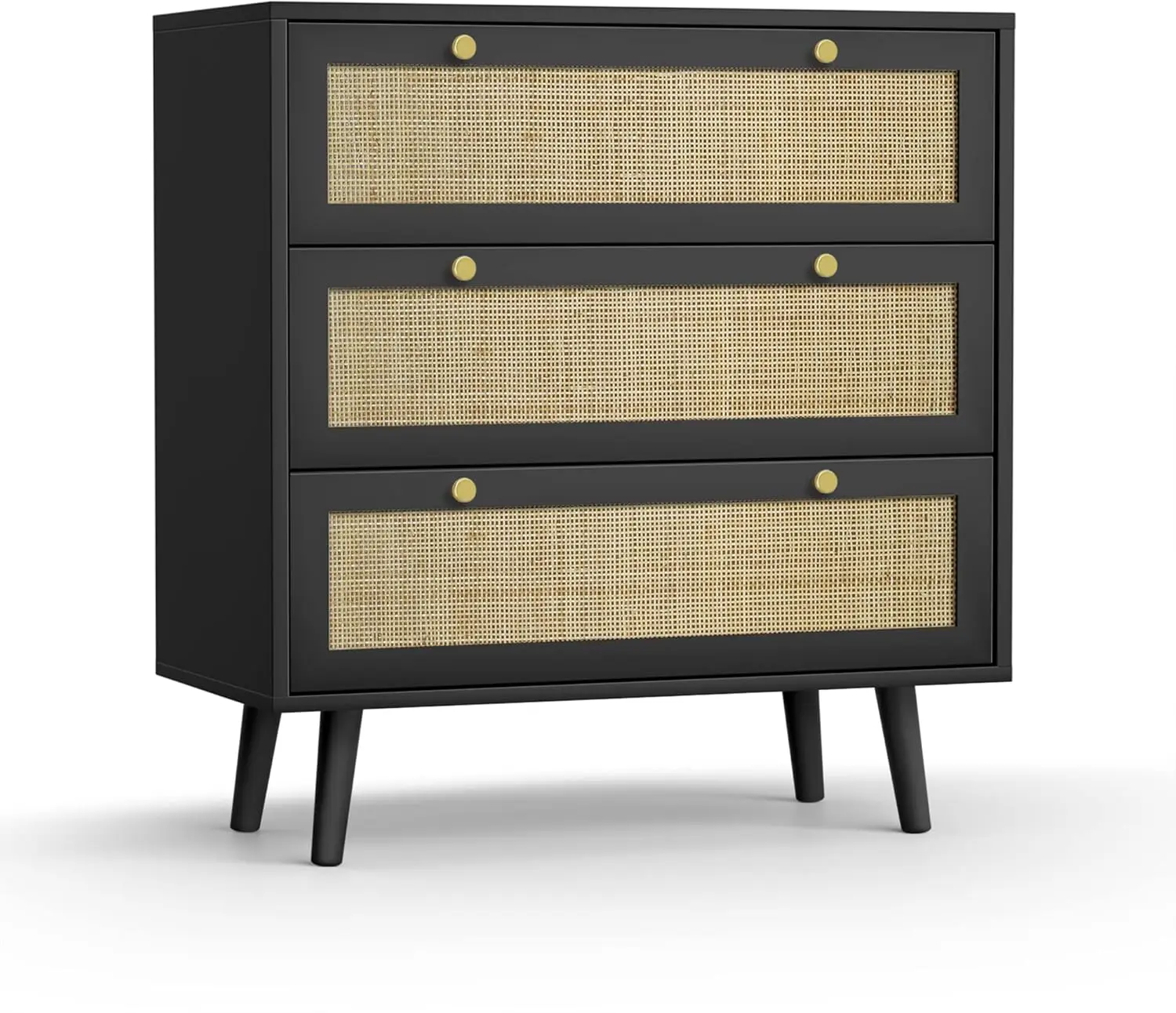FONDLIVE Modern Black Wood 3 Drawer Spacious Storage Rattan Dresser for Bedroom