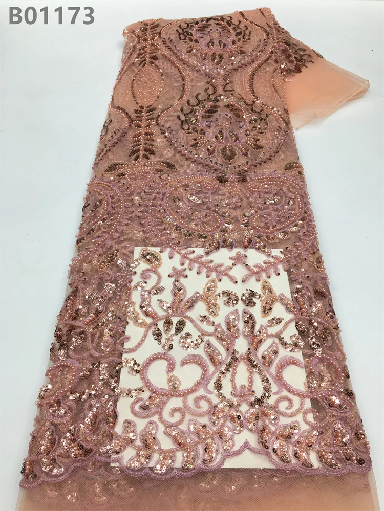 2023 Bulk Buy Nigerian Modern Pink Beaded Lace Fabric Bridal Embroidery Glitter Lace for Dress