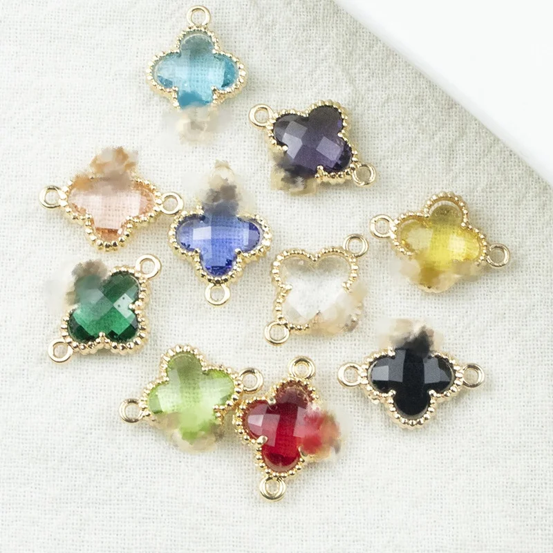 New arrival diy jewelry parts alloy double ring glass colorful four leaf clover pendant necklace accessories
