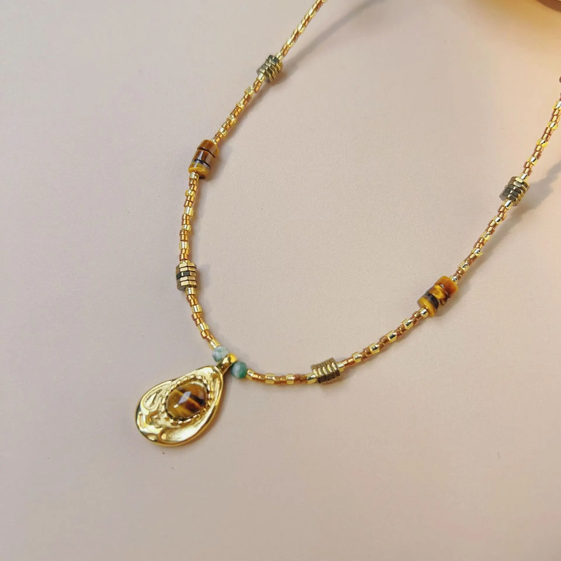 tiger eye stone beads necklace handmade women natural stone pendant necklace stainless steel