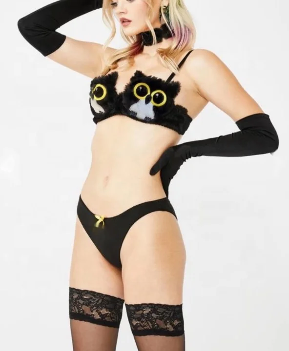 Sexy Women Lingerie Hot Girl Fur Bar Panties Plush Cute Black Animal Underwear Set