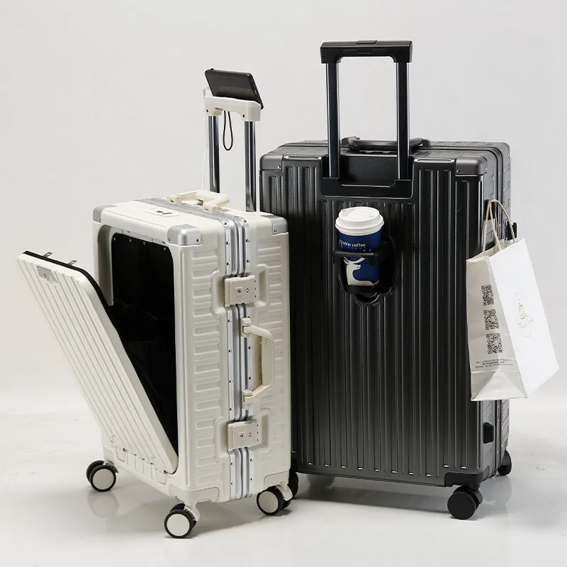 100%PC Aluminum frame front opening travel case Business travel suitcase for unisex phone stand luggage
