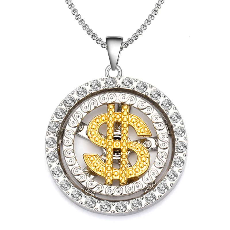 Hip-hop Style Gold  Silver Plated Chain  Rotatable Dollar Sign Pendant Necklaces