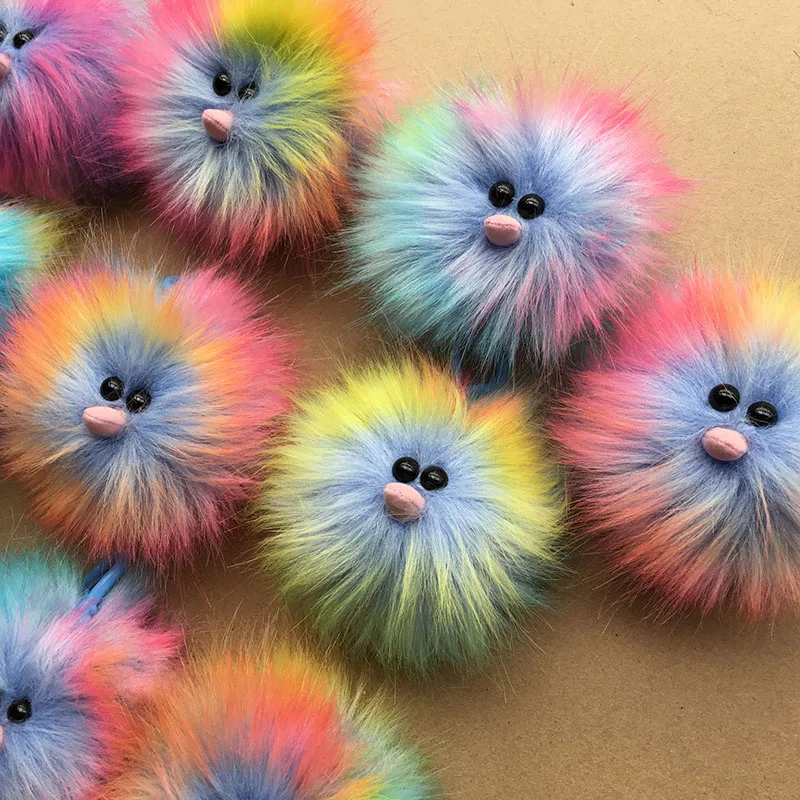 New cute rainbow ostrich soft fluffy fox fur plush ball pompom pendant plastic keychain gift car pendant