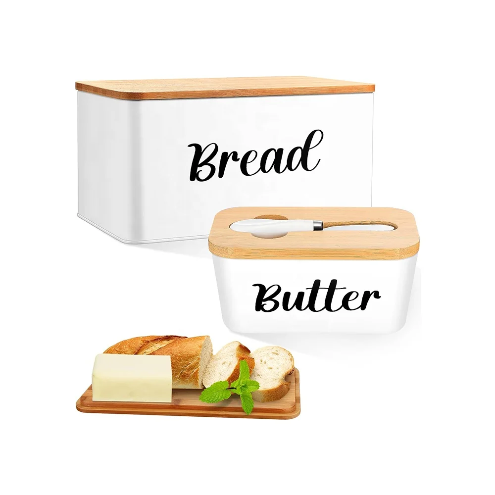 Bread Box and Butter Dish with Bamboo Cutting Board Lid, Large Metal Bread Storage Container  Butter Holder