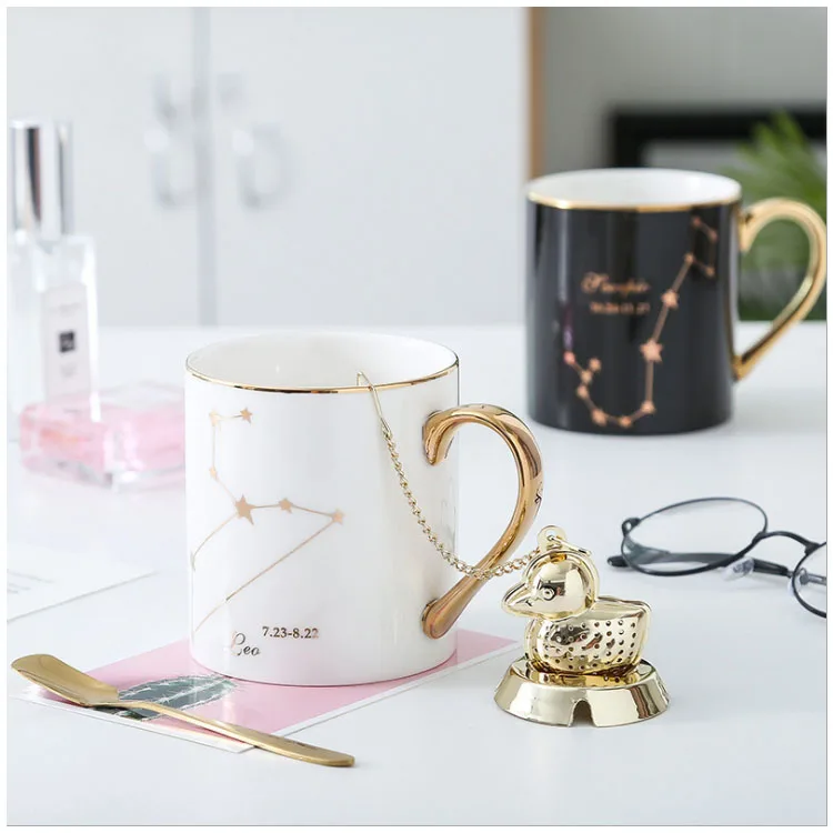 Custom 11oz horoscope Ceramic Coffee Mug with Gold Handle Gold Ring Porcelain Cup