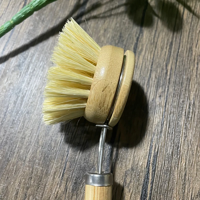 5PCS Long Handel Bamboo Dish Pot Plate Cleaning Brush Detachable with Replaceable Heads Kitchen Dish Pot Scrubber