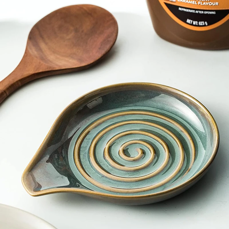 Handcraft Kitchen Spoon rest ladle holder Stoneware Reactive glaze spiral design Customized Spoon rest Spatula holder