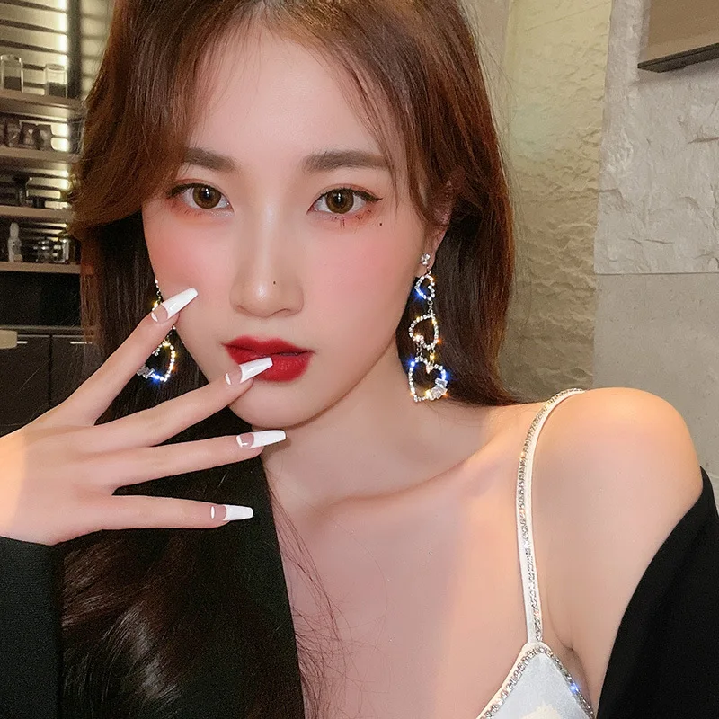 DAIHE S925 Silver Needle Full Diamond Love Tassel Earrings Ladies Cz Zircon Rhinestone Heart Earring Jewelry