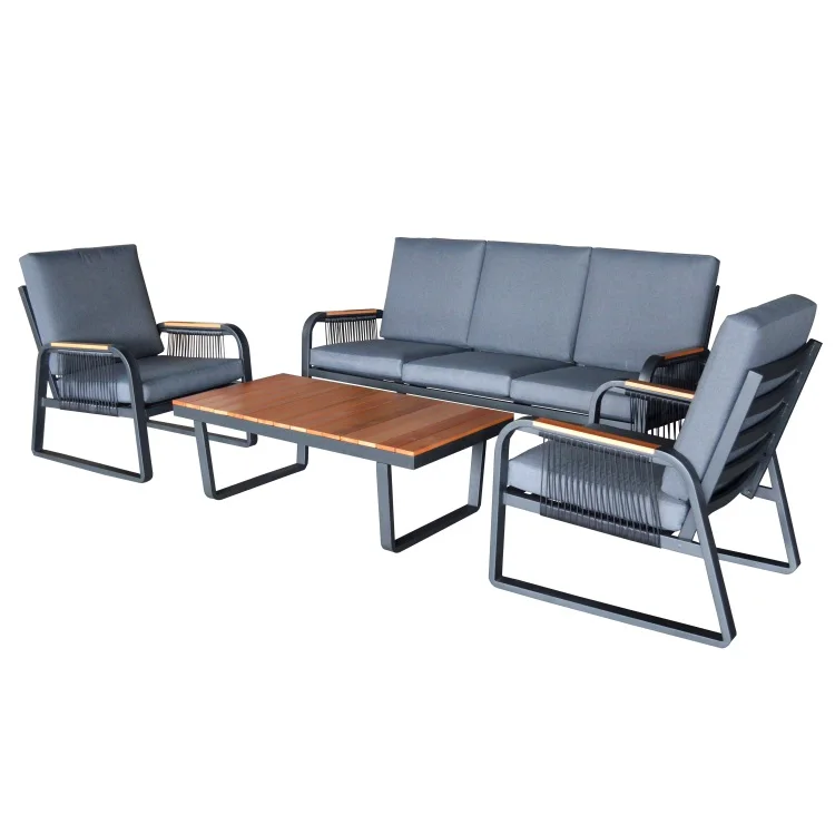 High-end outdoor patio wood grain sofa set 4PCS aluminum conversation sofa with cushion garden metal sofa set with coffee table