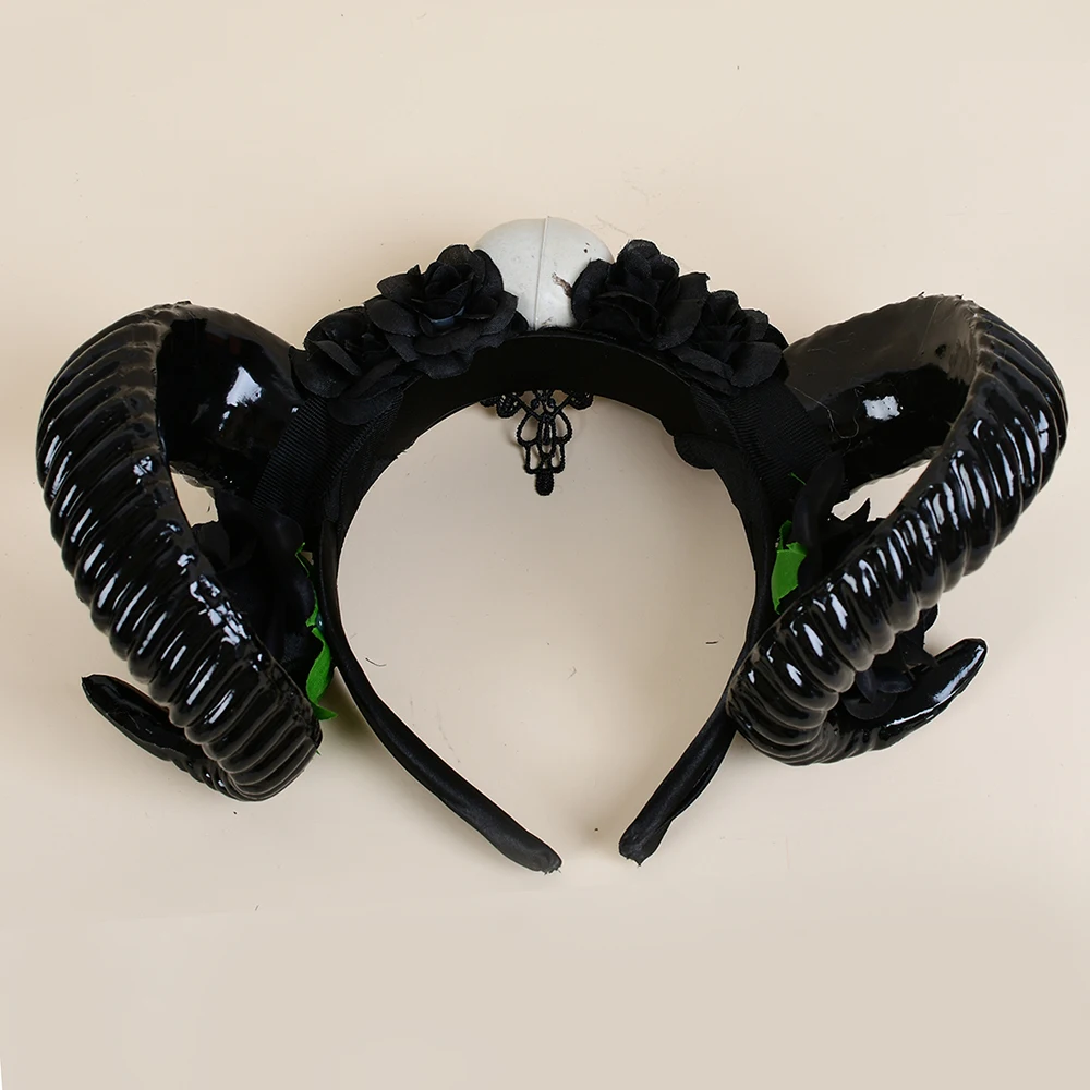 Skull Black Flower Studded Devil Horn Ram Demon Goat Claw Costume Fashion Headband Antlers Cosplay Female Sheep Headdress Gothic