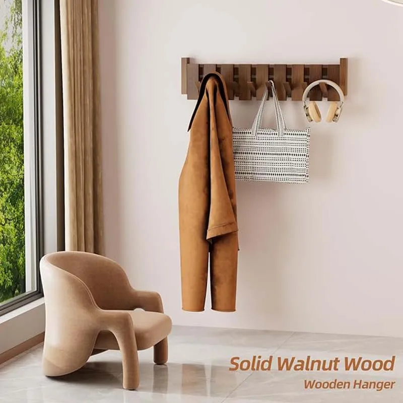 Wooden Coat Rack Wall Mounted Handmade Natural Hook Space Saving Coat Hanger with 10 Flip Down Hooks for Home Decoration