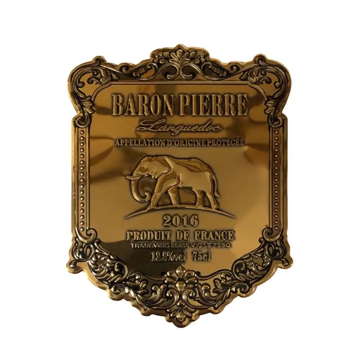 Custom Retro Vintage Craft 3D Embossed Bottles Adhesive Metal Sticker Label Metal Wine Logo