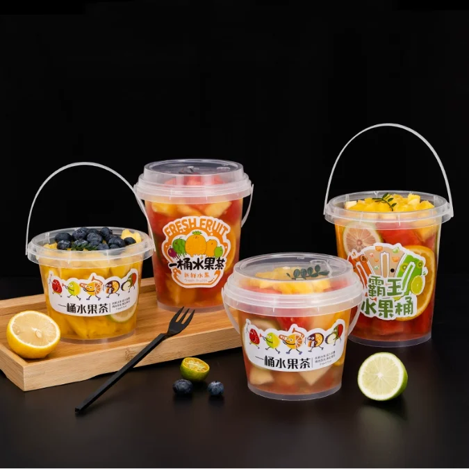 Custom logo printed recyclable disposable 16oz 32oz drink fresh takeaway fruit PP plastic cup buckets with handle and lid
