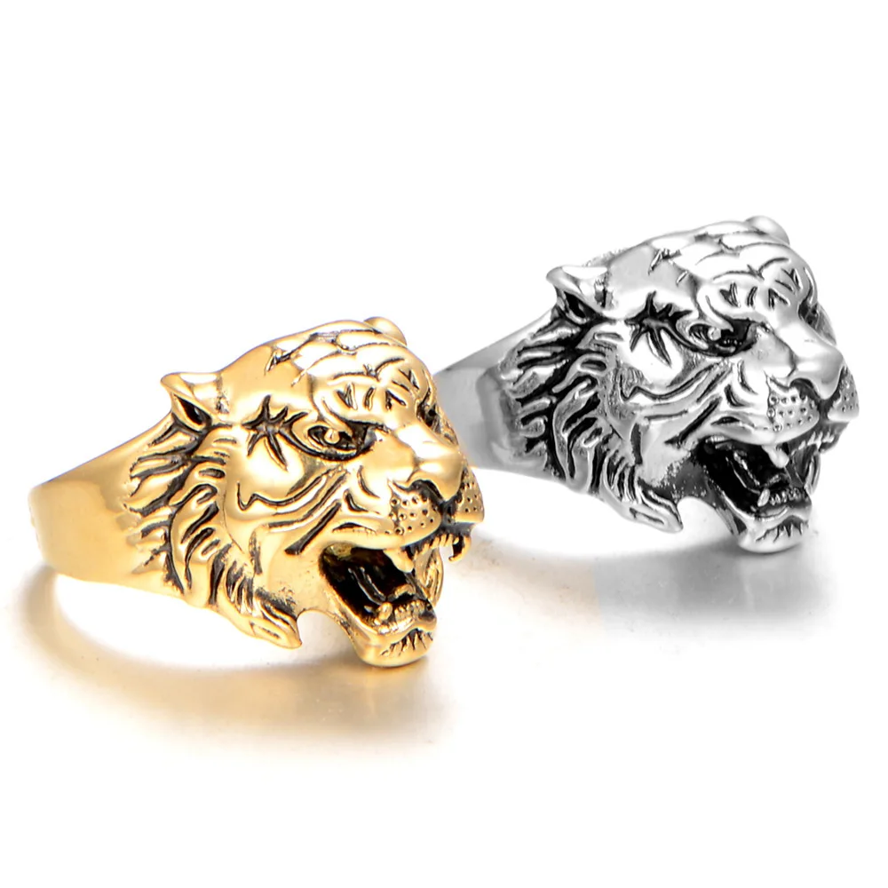 Vintage Aggressive Tiger Head Men Ring Original Design Ring With Charm Silver Animal Ring