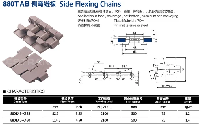 High Quality 880 TAB Side Flexible Plastic  Plate Chain For Curved Conveyor