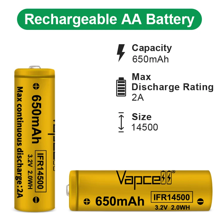 Vapcell 14500 3 2 V rechargrebel литий-ионная батарея IFR14500 650mAh 2A LIFEPO4 AA батареи для фонарика