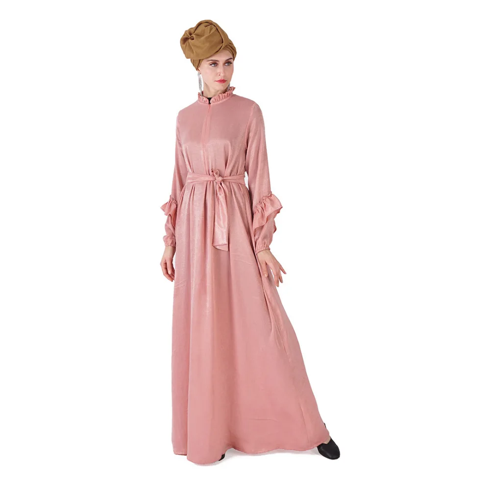 Simple Ruffle Sleeves Embroidery Open Abaya For Muslim Women Stylish Pearl Bead Lace Trim Abaya Muslim Dress For Women Dubai