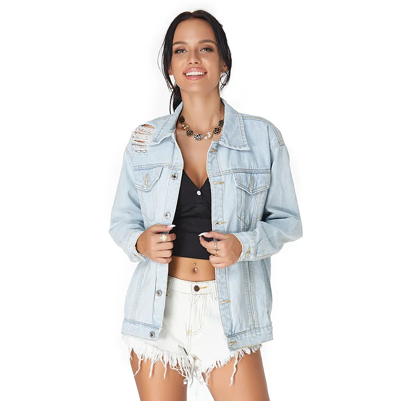 
Fashion Casual Blue Long Denim Jaket Women Ripped Jean Jacket 