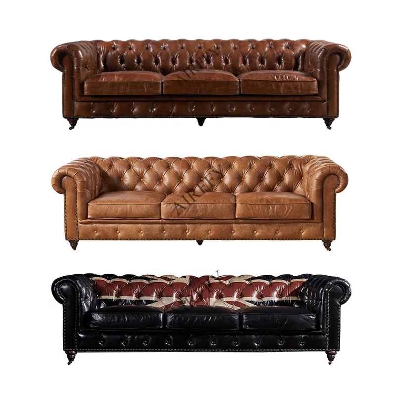 Vintage Genuine Leather Chesterfield Sofa Set for Living room Hotel Club Furniture
