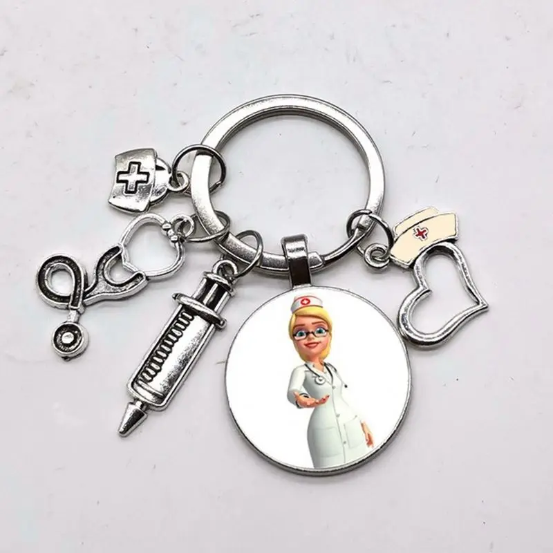 korea Home Stethoscope Nurse Syringe Picture Keychain 25mm Round Convex Glass Dome Pendant Men and Women Fashion Charm Keychain