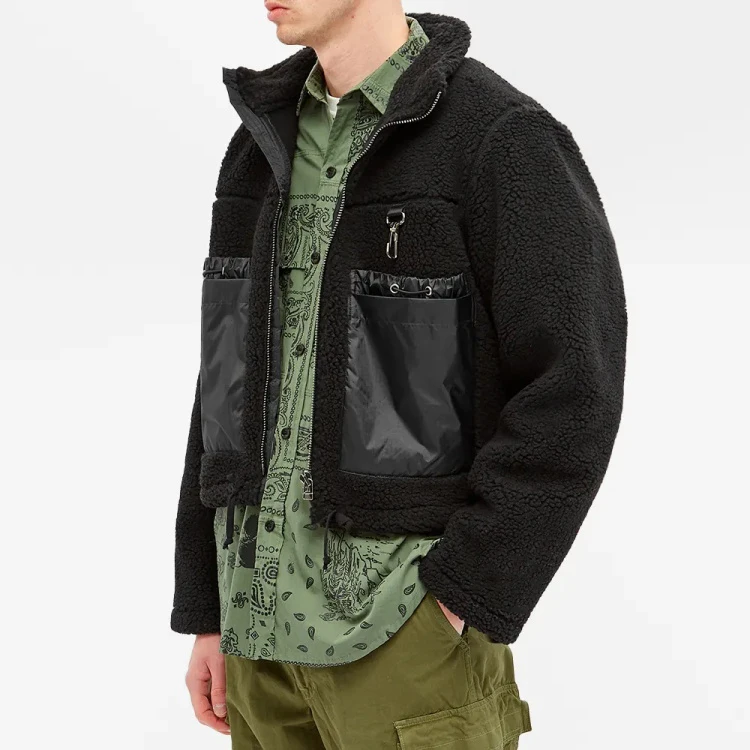 OEM custom two pockets long sleeve winter black outdoor shearling bomber fleece jackets for men