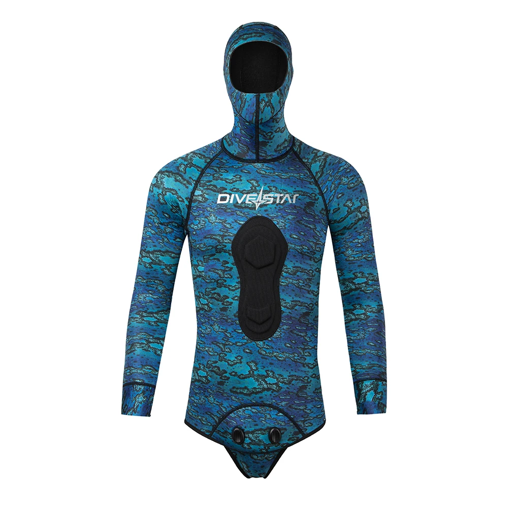 DIVESTAR Custom Blue Camo Long Sleeve Two-Piece Neoprene Open Cell Wetsuit 2mm 3mm 5mm for Unisex Adult Spearfishing Hoodie