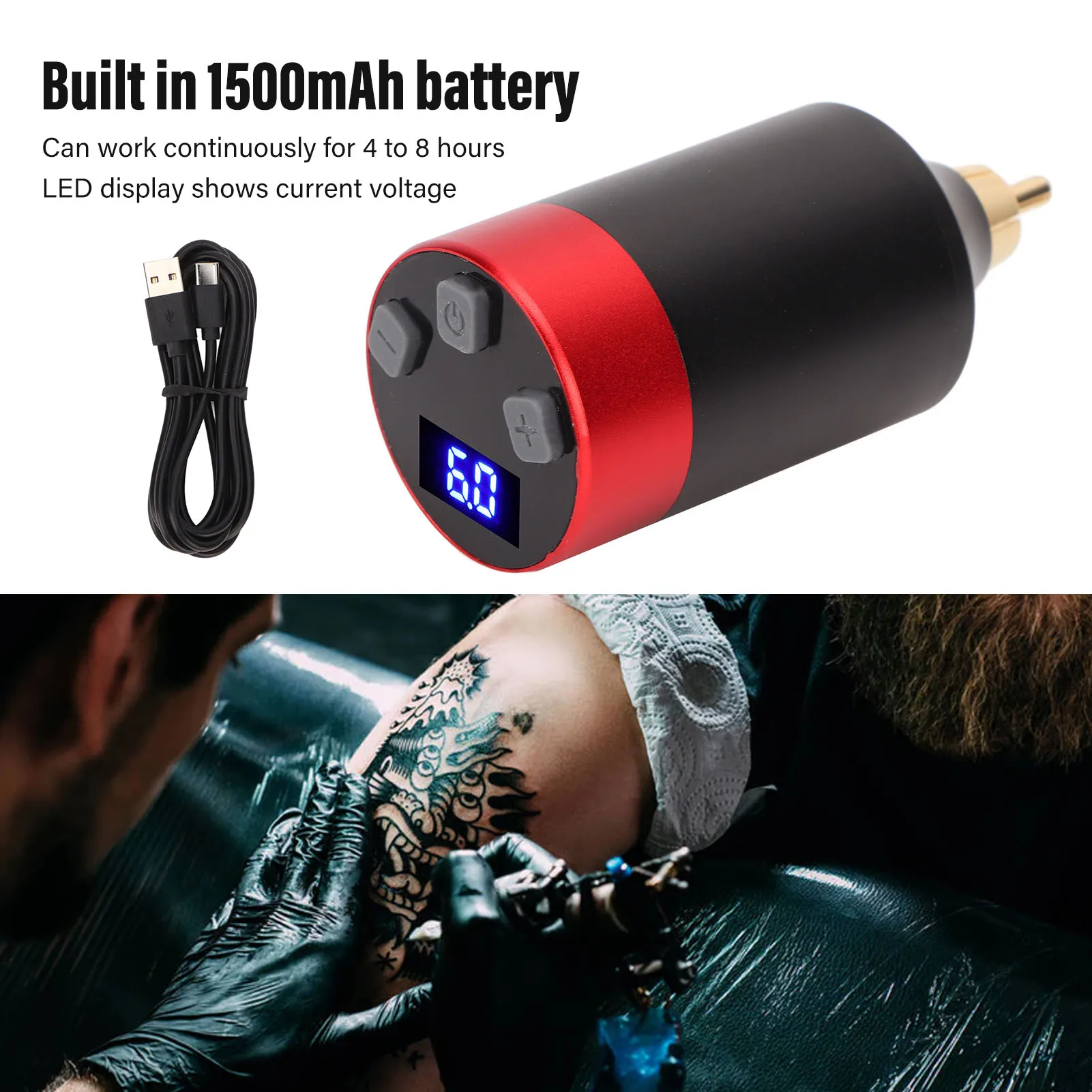 Wireless Tattoo Power Supply with USB Charging Cable LED Display Tattoo Machine Battery RCA Interface 1500mAh for Tattoo Salon