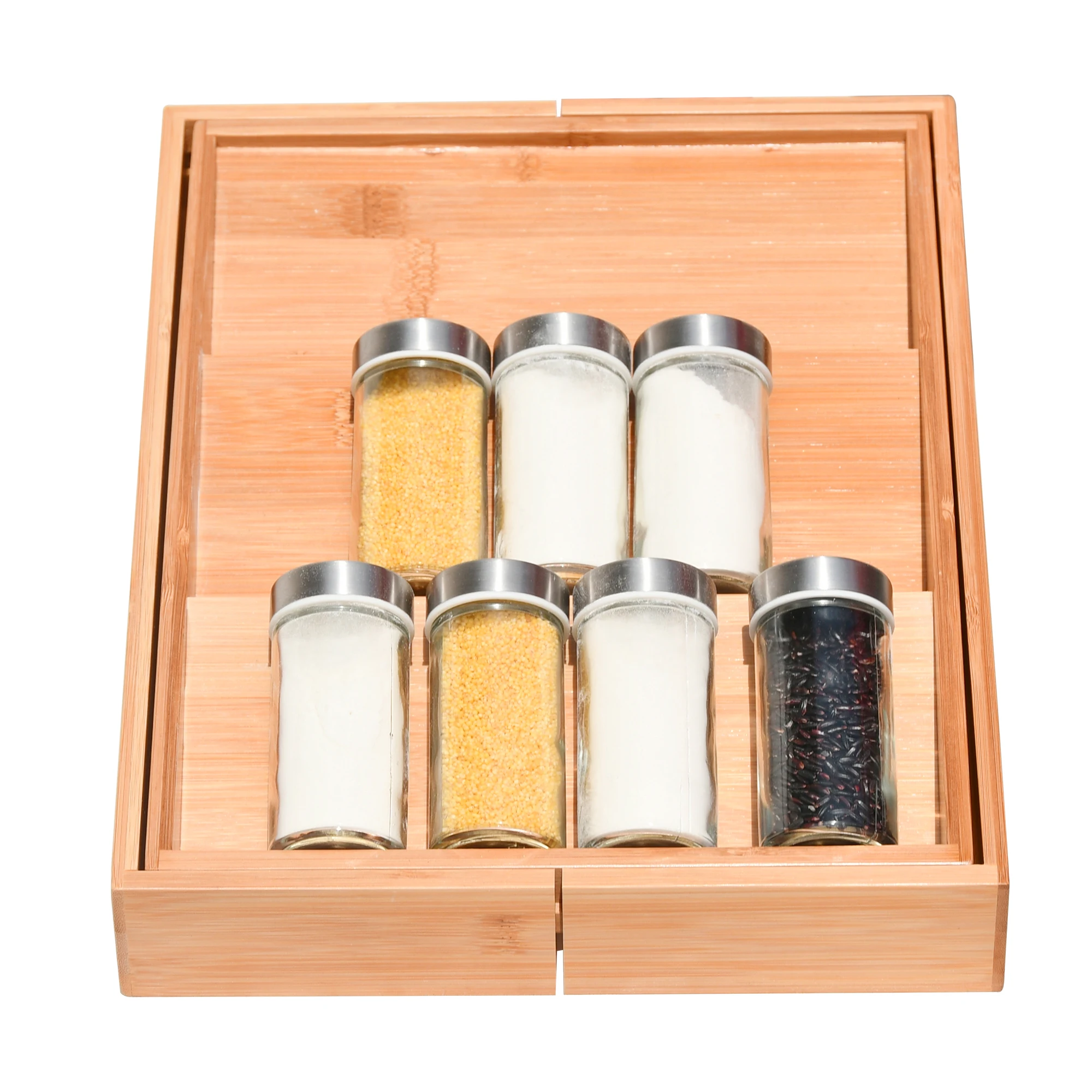 Expandable 3 Tier Display  Spice Shelf Bamboo Drawer Cutlery Organizer for Kitchen Cabinet
