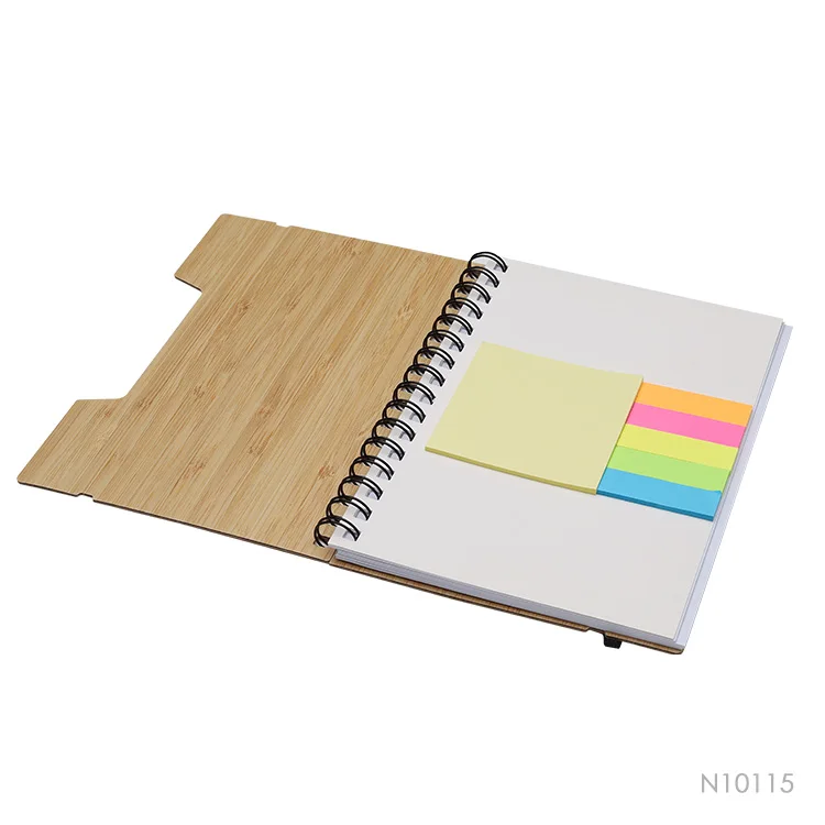 A5 Size ECO Spiral Binding Bamboo Cover Notebook with Sticky Note Pads with ruler