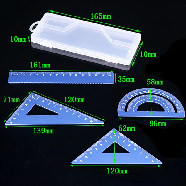 Free Sample Fancy Color 4pcs Rulers Case Geometry Math Aluminum Metal Triangle Scale Ruler Set Plastic Ruler Box