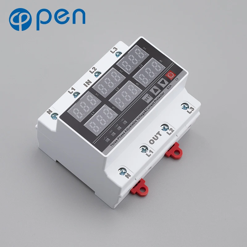 Open Electric 63A 220V400V AC Din rail three phases adjustable digital over voltage and under voltage protector